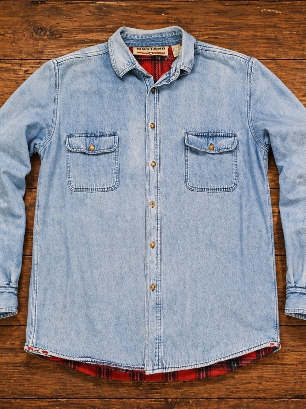 Mustang Denim Shirt Jacket XL Red Plaid Lined Western Workwear Distressed